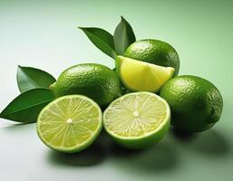 Fresh green lime with slices on the side, creating a fresh and bright look. photo