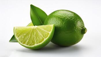Fresh green lime with slices on the side, creating a fresh and bright look. photo