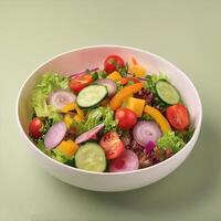 Fresh salad with colorful vegetables in white bowl, on pastel background photo