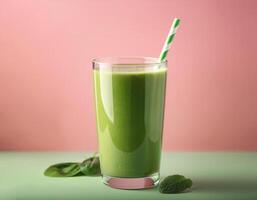 Green smoothie in a glass on a pastel background photo
