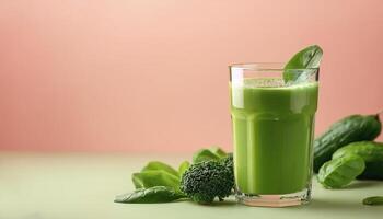 Green smoothie in a glass on a pastel background photo