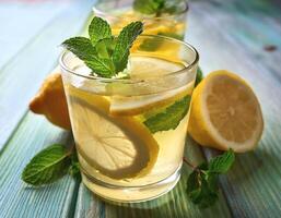 Lemonade with lemon slices and mint in a glass photo