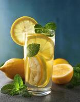 Lemonade with lemon slices and mint in a glass photo