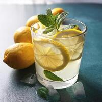 Lemonade with lemon slices and mint in a glass photo