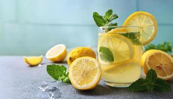Lemonade with lemon slices and mint in a glass photo