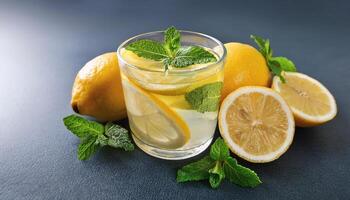 Lemonade with lemon slices and mint in a glass photo