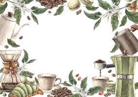 Cup of coffee with pistachio macaroons and croissant, branches with berries and grains. Watercolor rectangular frame with geyser coffee maker, milk jug, portafilter, template for shops, cafes, banners vector