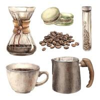 Coffee mug, coffee maker, milk jug with milk, heap of roasted beans, macaroons and flask with coffee. Set of watercolor isolates for design of coffee shops, bistros, menus, posters, packaging. vector