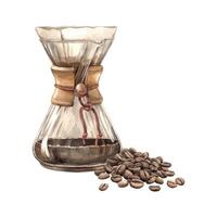 Coffee maker for brewing filter coffee from a glass flask with a paper filter and processed roasted beans. Watercolor hand-drawn illustration for the design of shops, cafes, banners, postcards. vector