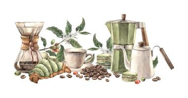 Cup of coffee with pistachio macaroon and croissant, coffee branches and beans. Geyser coffee maker, filter and teapot, watercolor composition template for shops and cafes, packaging and menu. vector