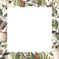 Cup of coffee with pistachio macaroons and croissant, branches with berries and grains. Watercolor square frame with geyser coffee maker, milk jug and portafilter, square template for shops and cafes. vector