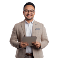 Confident data analyst holding a tablet displaying expertise on a transparent background png