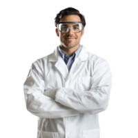 Scientist standing proudly in a lab coat with safety goggles reflecting success and innovation png