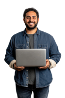 Skilled software developer with a laptop in hand showing confidence on transparent background png