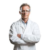 Professional scientist in lab coat and safety goggles reflecting innovation on transparent background png