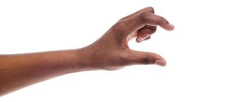 Black female hand measuring invisible items, showing small amount of something with gesture, isolated on white background, panorama photo