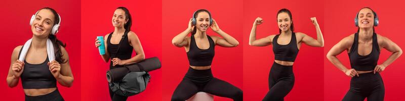 A cheerful woman wearing comfortable activewear engages in various fitness activities, showing enthusiasm and energy while using headphones and workout gear in front of a vibrant red backdrop. photo