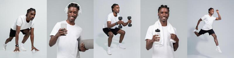 A young African American man is seen engaging in several fitness activities indoors, including using weights, running in place, and checking his phone, all while wearing casual sportswear. photo