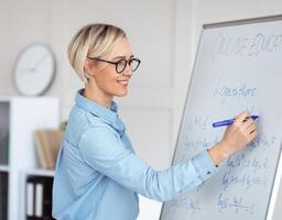 Experienced college lecturer teaching advanced mathematics online, writing down complicated problem on blackboard. University math professor explaining new material to students photo