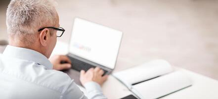 Technology Concept. Rear view of mature man in specs using laptop, selective focus, free space photo