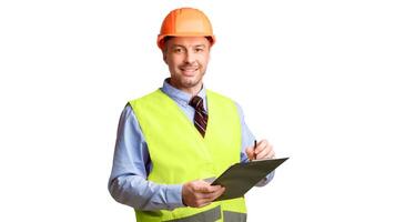 Professional Builder Worker Standing Holding Folder With Labor Contract On White Studio Background, Smiling To Camera. Building Documentation, Job Employment Offer Concept. Panorama photo