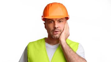 Shocked Builder Man Touching Face In Shock Having Problems At Construction Building Looking At Camera Posing Over White Studio Background. Build Service Issues. Panorama photo