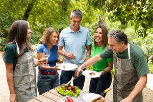A group of five friends enjoys a lively barbecue in a garden, sharing food and laughter. They hold drinks and plates, celebrating their time together on a sunny day. photo