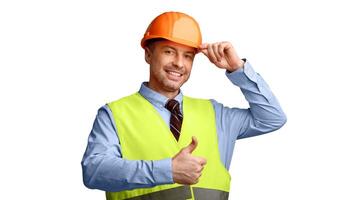 Happy Builder Man In Uniform Gesturing Thumbs Up Approving Building Posing Standing On White Background. Studio Shot, Panorama. I Like Building Industry Concept photo