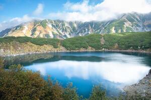 Murodo, Tateyama Kurobe Alpine Route, Japan, A stunning landscape featuring a serene lake surrounded by lush greenery and majestic mountains under a partly cloudy sky. photo