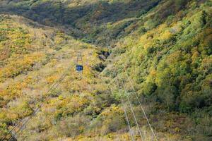 Kurobedaira Station, Tateyama, Toyama, Chubu, Japan, A serene landscape a cable car traversing a lush valley filled with autumn-colored foliage. photo