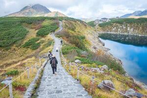 Murodo, Tateyama Kurobe Alpine Route, Japan, A scenic path leads through lush greenery to a tranquil lake, with mountains in the background under a partly cloudy sky. photo