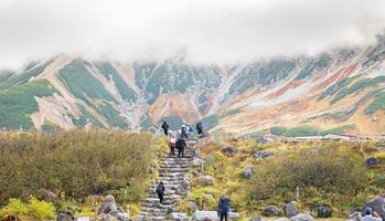 Murodo, Tateyama Kurobe Alpine Route, Japan, Hikers traverse a stone path leading through lush vegetation towards a colorful mountainous landscape shrouded in clouds. photo