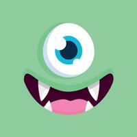 Cute cartoon one eyed monster face background. Funny smiling monster face in childish style on green background vector