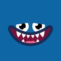 Cute cartoon monster face background. Funny sad monster face in childish style on blue background vector