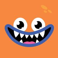 Cute cartoon monster face background. Funny smiling monster face in childish style on orange background vector
