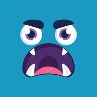 Cute cartoon monster face background. Funny angry monster face in childish style on blue background vector