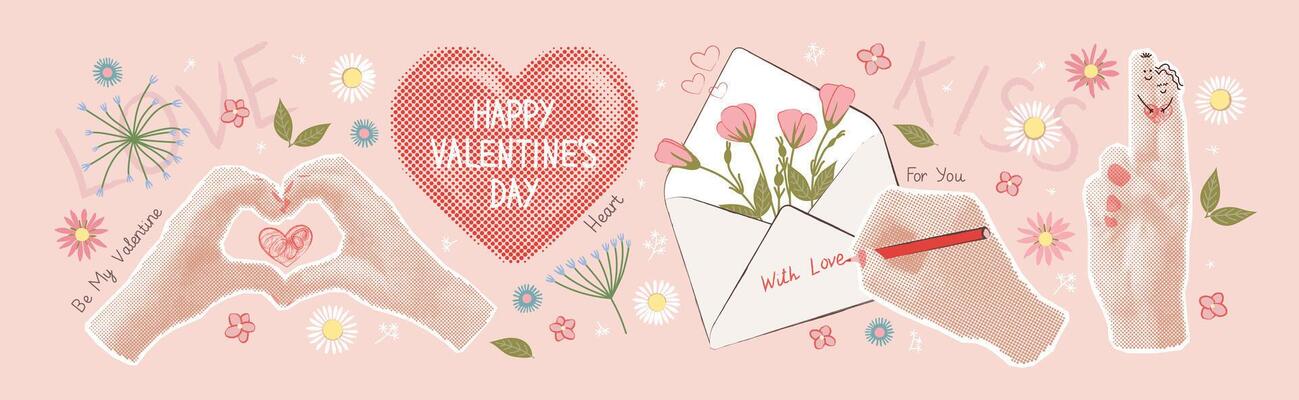 Valentine's Day. February 14. Set of illustrations with halftone collage elements of hands, heart, letter and flowers. illustration