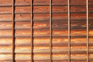 Shirakawa village, Gifu, Japan. A close-up view of polished wooden planks arranged in a linear pattern, showcasing rich textures and varying shades of brown. photo