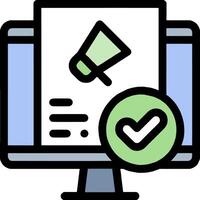 A computer monitor with a green check mark and a green megaphone vector