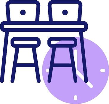 un púrpura reloj y dos sillas en frente de un mesa vector