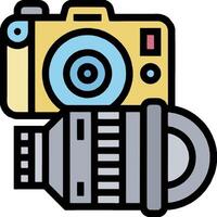 A camera and a flash light are shown in a flat style vector