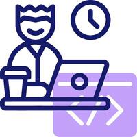 A man sitting at a desk with a laptop and a clock vector