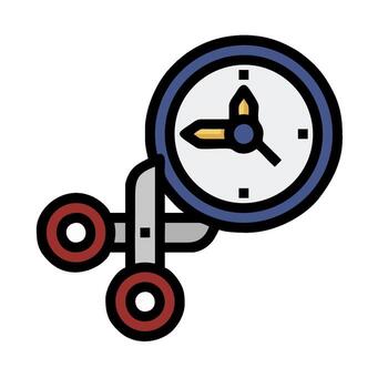 A clock and scissors are shown in a flat design vector