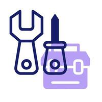 A toolbox and wrenches are shown in a purple and blue outline vector