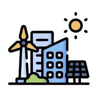 An icon of a city with wind turbines and solar panels vector