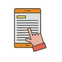 Hand pointing at tablet with paper document icon vector