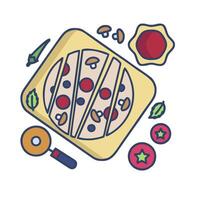 Pizza icon with ingredients and tools vector
