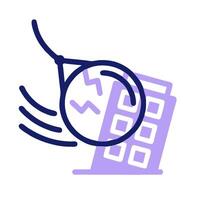A blue and purple icon of a building with a magnifying glass vector