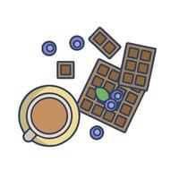 Chocolate and blueberries on a plate with a cup of coffee vector