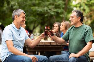 Two men clink their beer bottles together while sitting at a picnic table. Surrounding them are friends chatting and enjoying a lively outdoor gathering on a sunny day. photo
